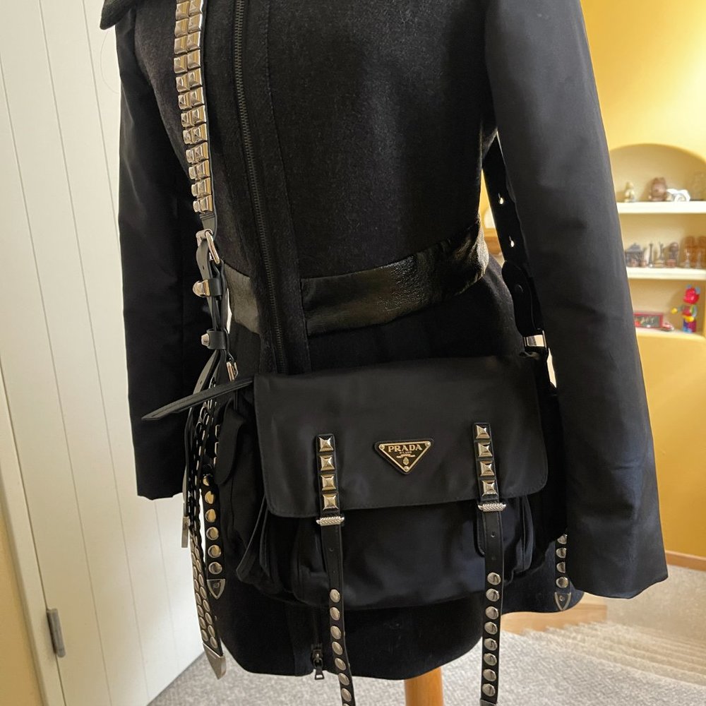 Prada Vela Nylon  Cross Body Messenger bag with studs in black